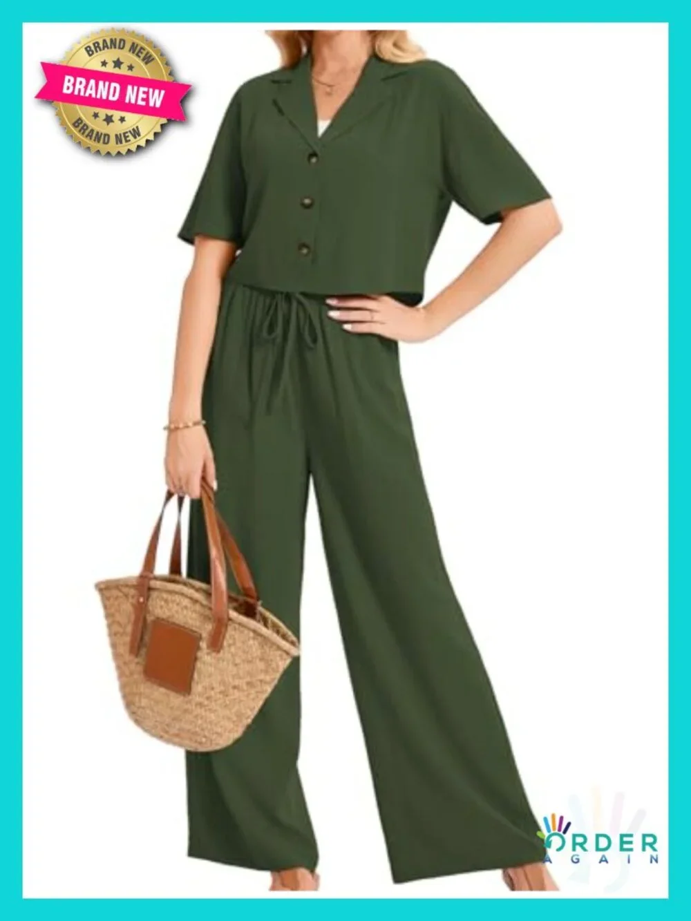 Linen 2 Piece Set Short Sleeve Shirt Wide Leg Pants Business Casual Matching Set